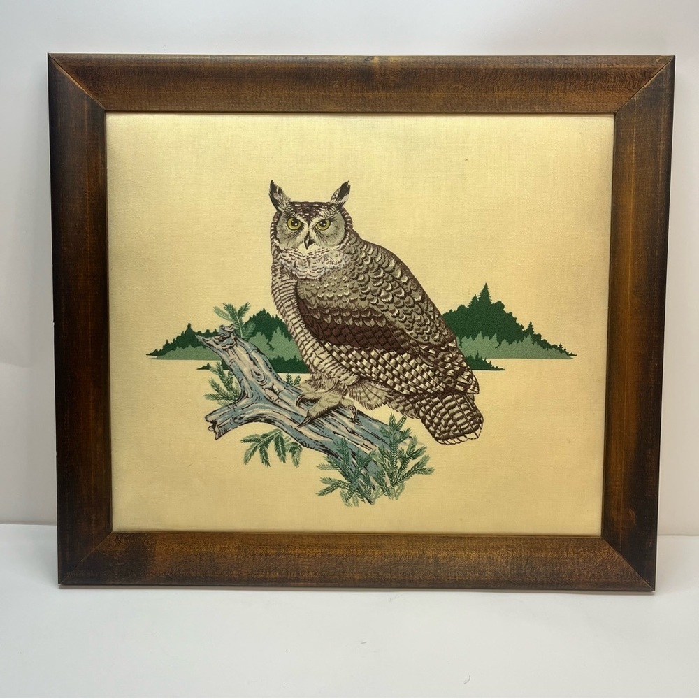 great horned owl framed fabric wooden frame vintage 70s‎ 80s boho gallery wall